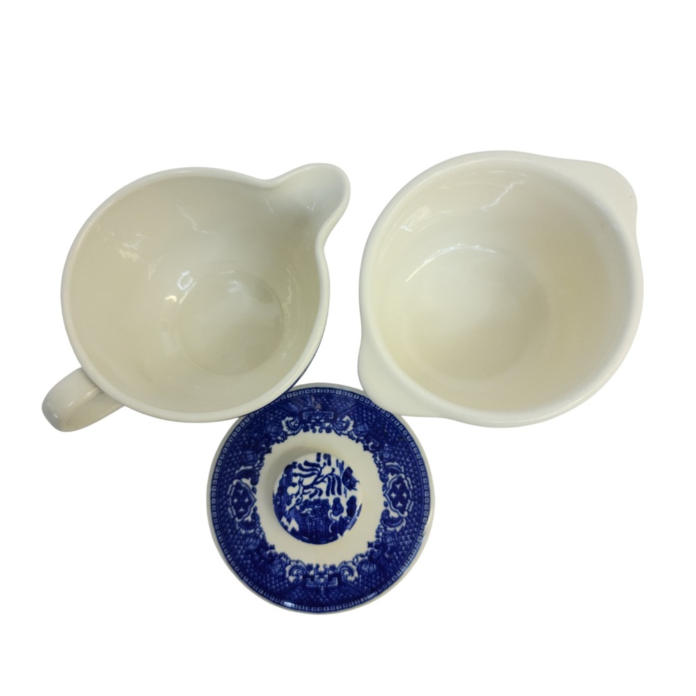 Vintage Blue Willow Creamer and Lidded Sugar Bowl Set Blue‎ White Transferware